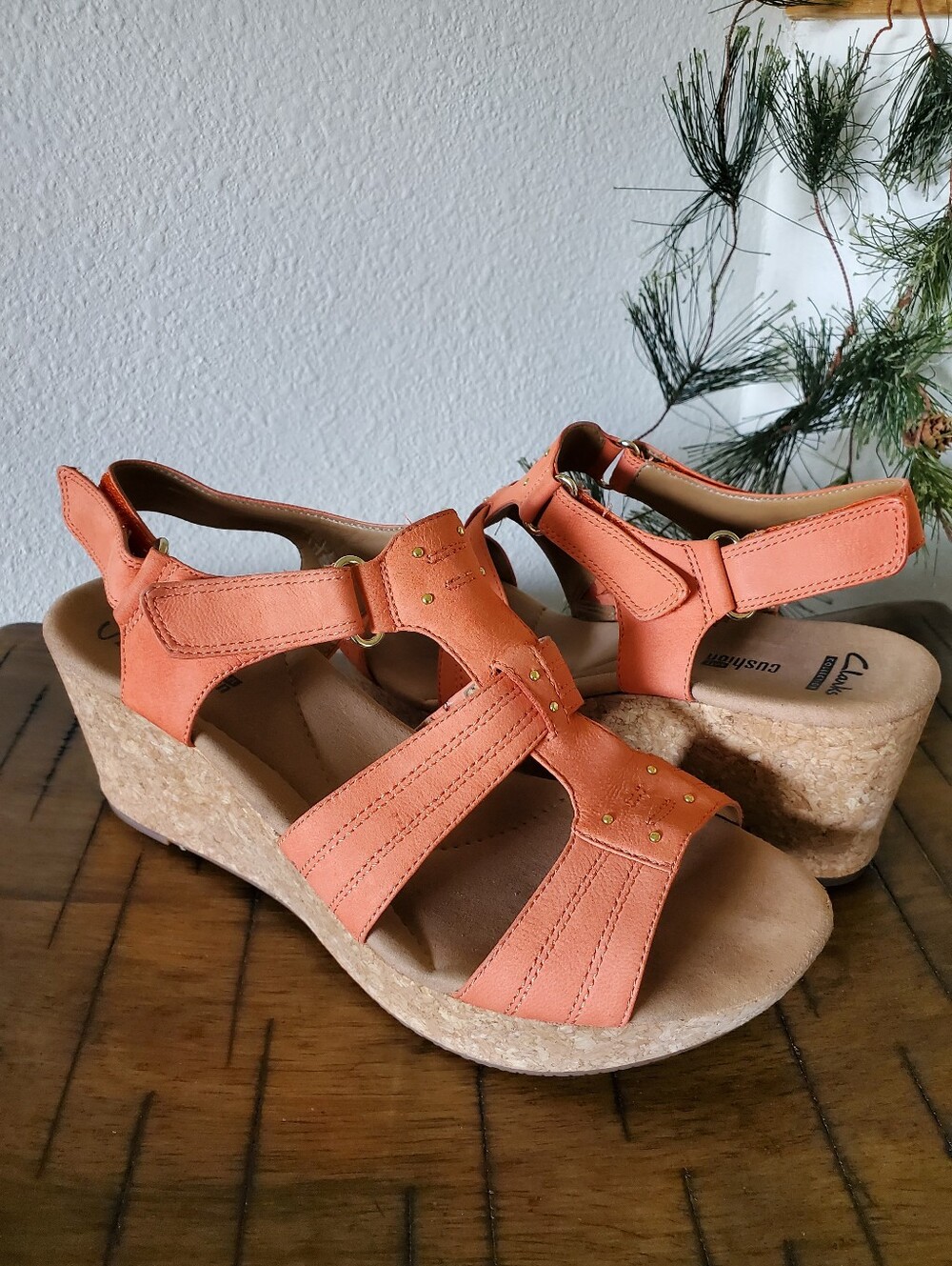 Clarks Annadel Orchid Orange Nubuck Cork Wedge Sandals